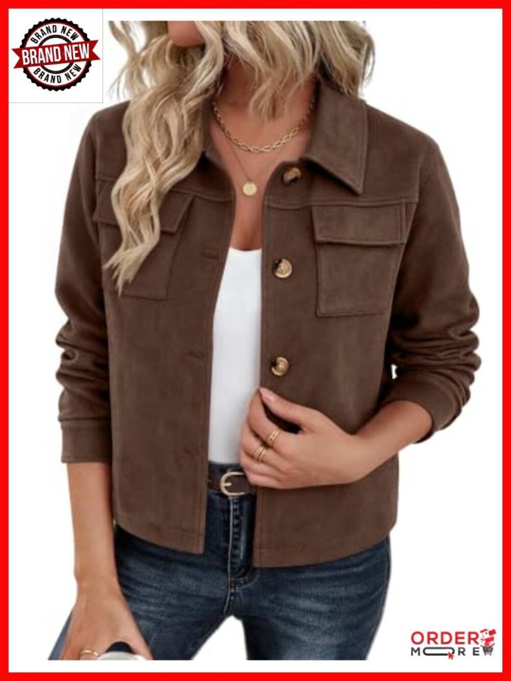Faux Suede Cropped Jacket Button Down Shacket Collared Loose Fit
